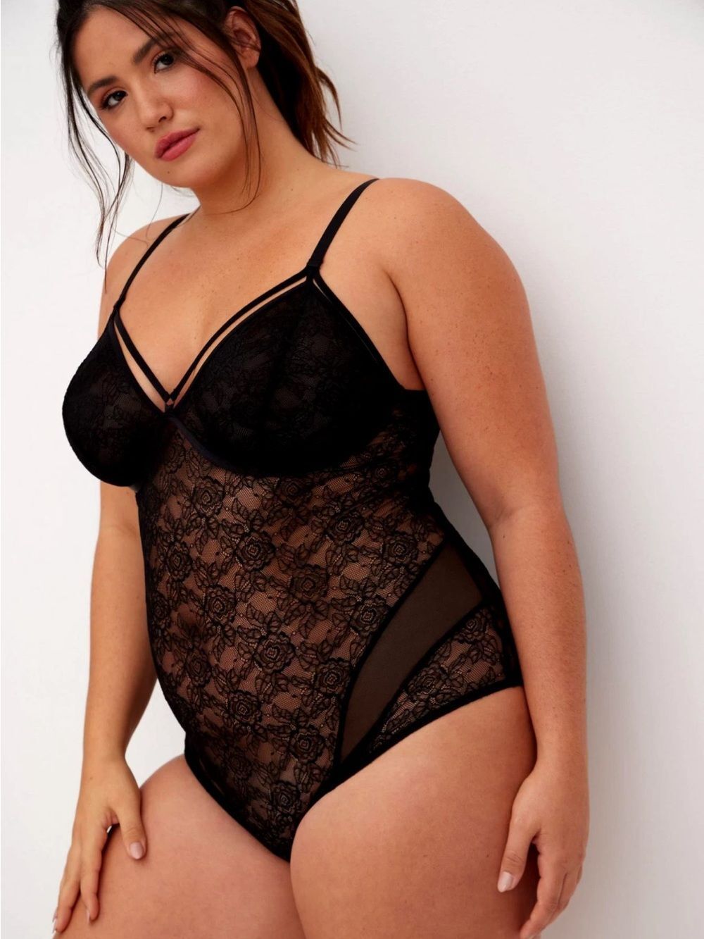 Torrid Black Lace & Mesh Strappy Bodysuit